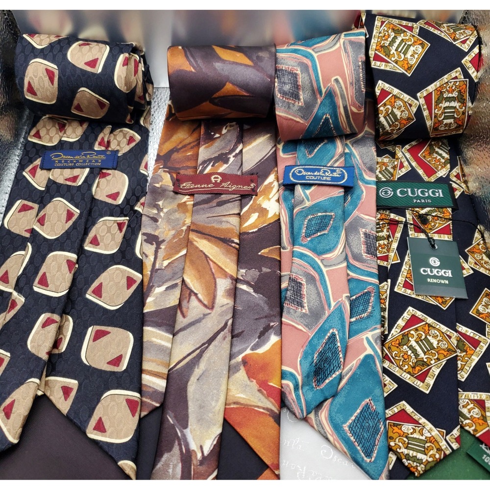 Vintage Designer Silk Tie Lot Oscar de la Renta Etienne Aigner Cuggi Men 4pc